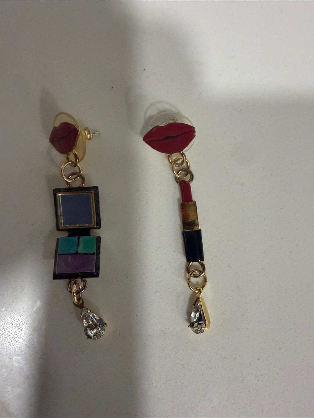 Asymmetrical Gold-Tone Lip Drop Earrings in Red with Multicolor Enamel